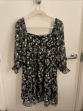 fab'rik Black Floral Square-Neck Mini Dress with Gold and White Print